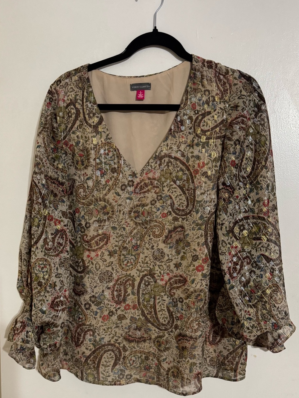 Vince Camuto Paisley V-Neck Blouse with Metallic Accents size L